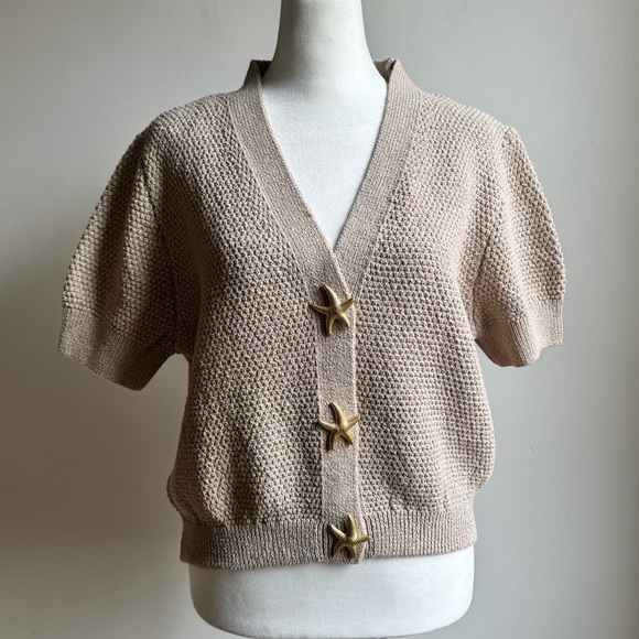 Zara Star Button Knit Women’s Cardigan Short Sleeve Tan Beige Size Medium - Picture 3 of 9